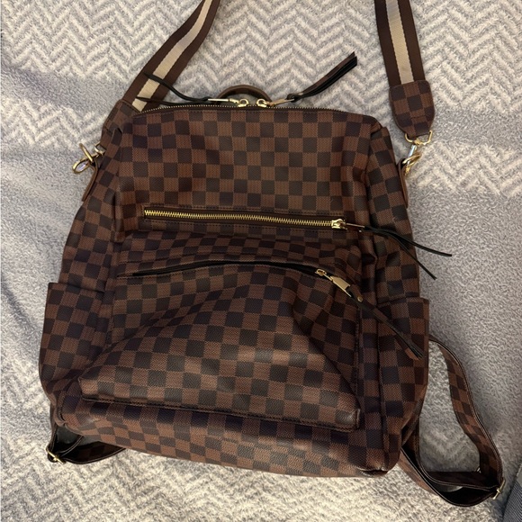 Checkered Brown Backpack Faux Leather - Picture 1 of 6